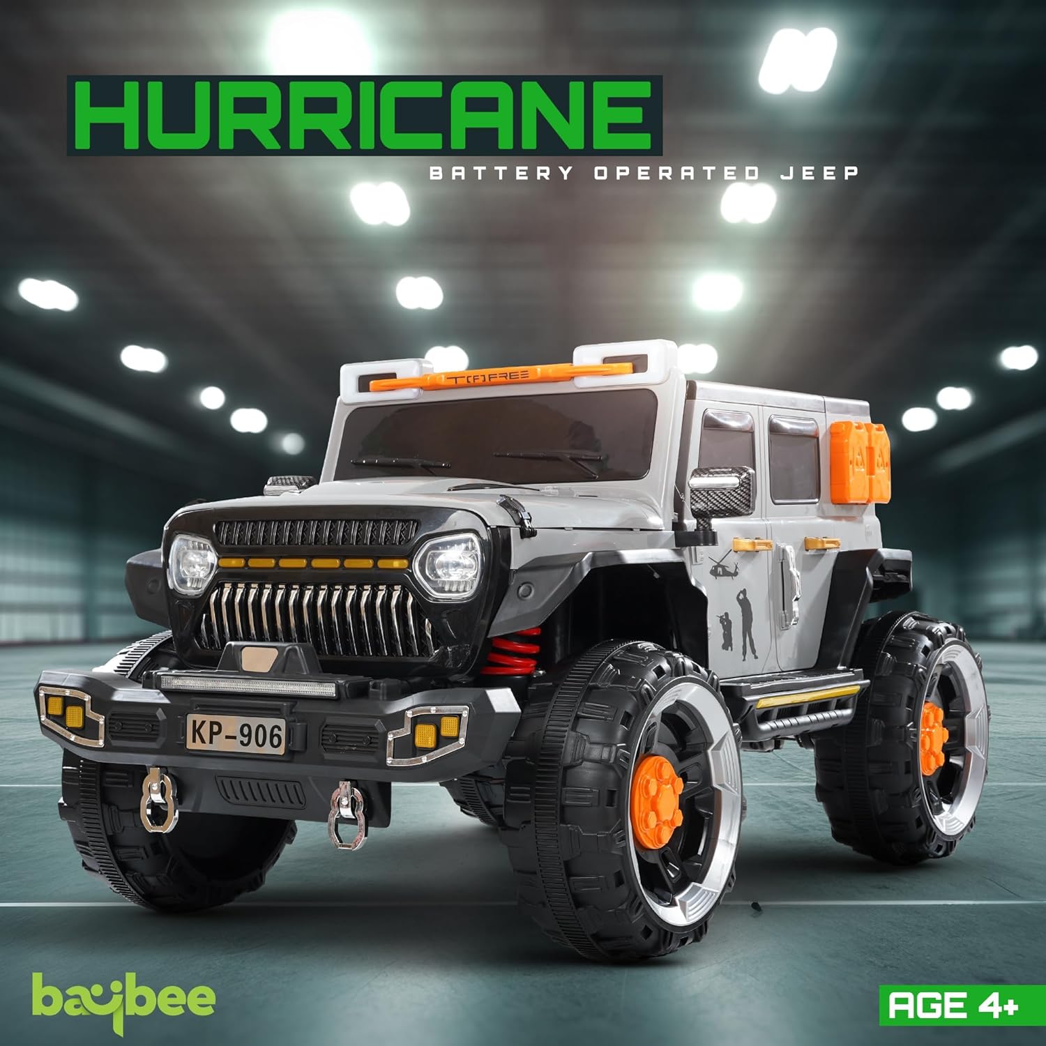 Powerful looking baby big battery car, a detailed grey and black ride-on jeep with bright front and roof lights, orange side indicators, and a robust build, providing an exciting driving experience for kids." www.usmile.toys
